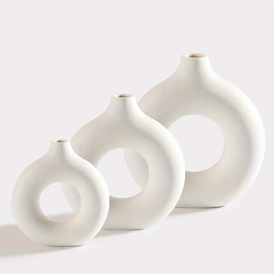 1pc Contemporary Ceramic Vase, Round Circle Design, Creative Ceramic Craft, Living Room Decor, Cross-Border Bestseller, 5.12*5.51inch Decorative Flower Vase