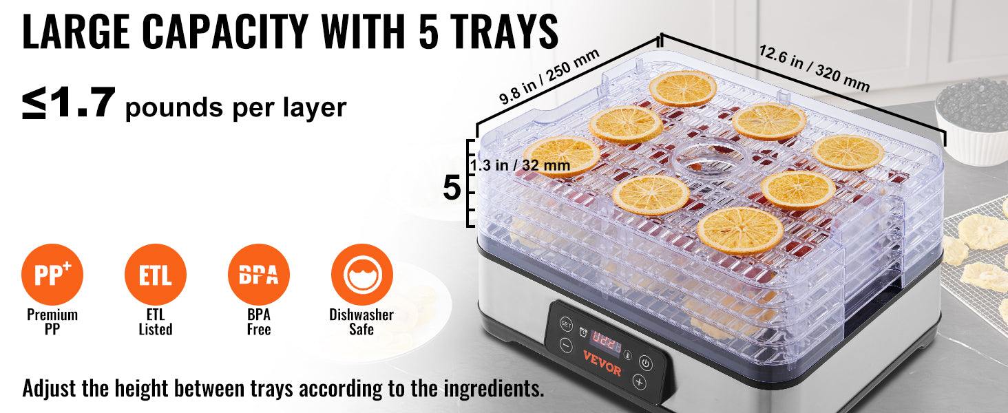 SucceBuy 5 Tray Food Dehydrator Machine 300W Stainless Steel Electric Food Dryer w/ Digital Adjustable Timer & Temperature