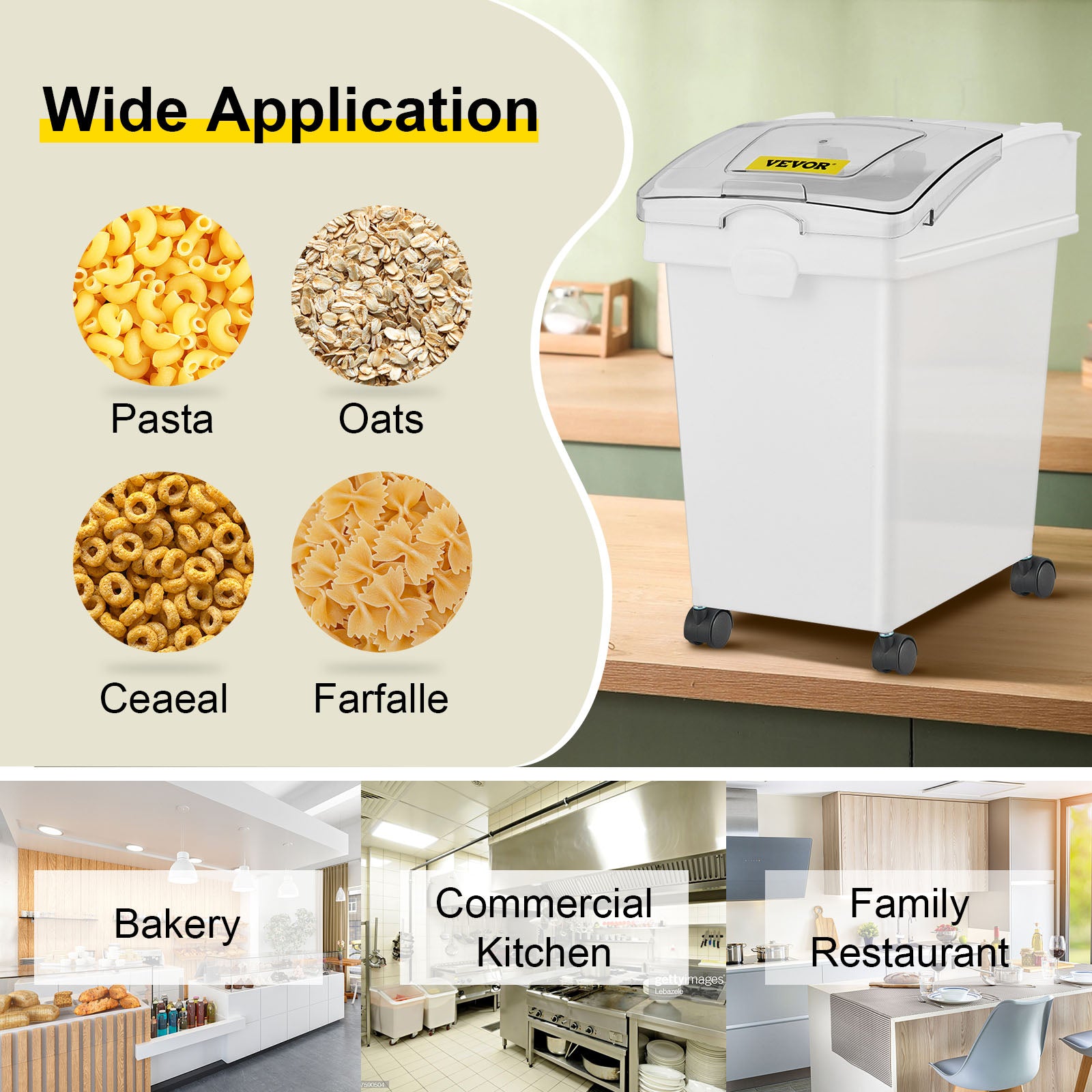 VEVOR 25L Dry Ingredient Storage Bin with Scoop Caster Dustproof Rice Flour Soybeans for Restaurant Kitchen Commercial