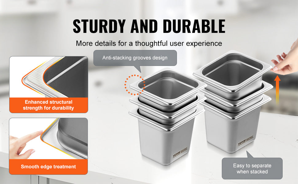 SucceBuy 6/8Pack Hotel Pans 4/6-Inch Deep Steam Table Pans 1/6 1/3 Full Size Chafing Pan 201 Stainless Steel Catering Food Pan